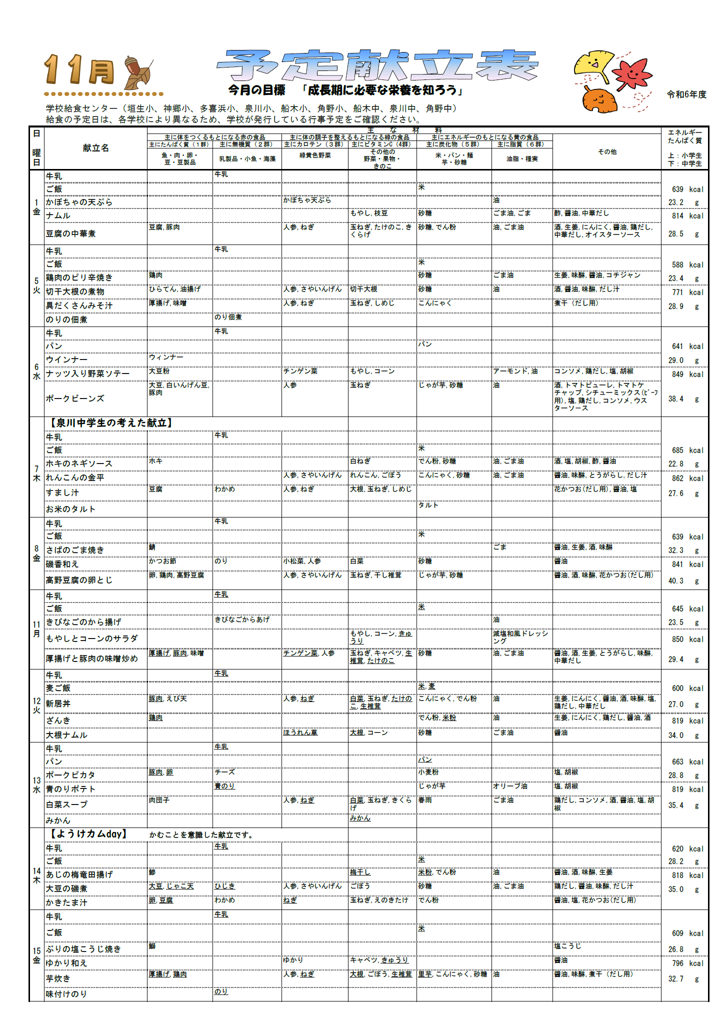 11月献立　１