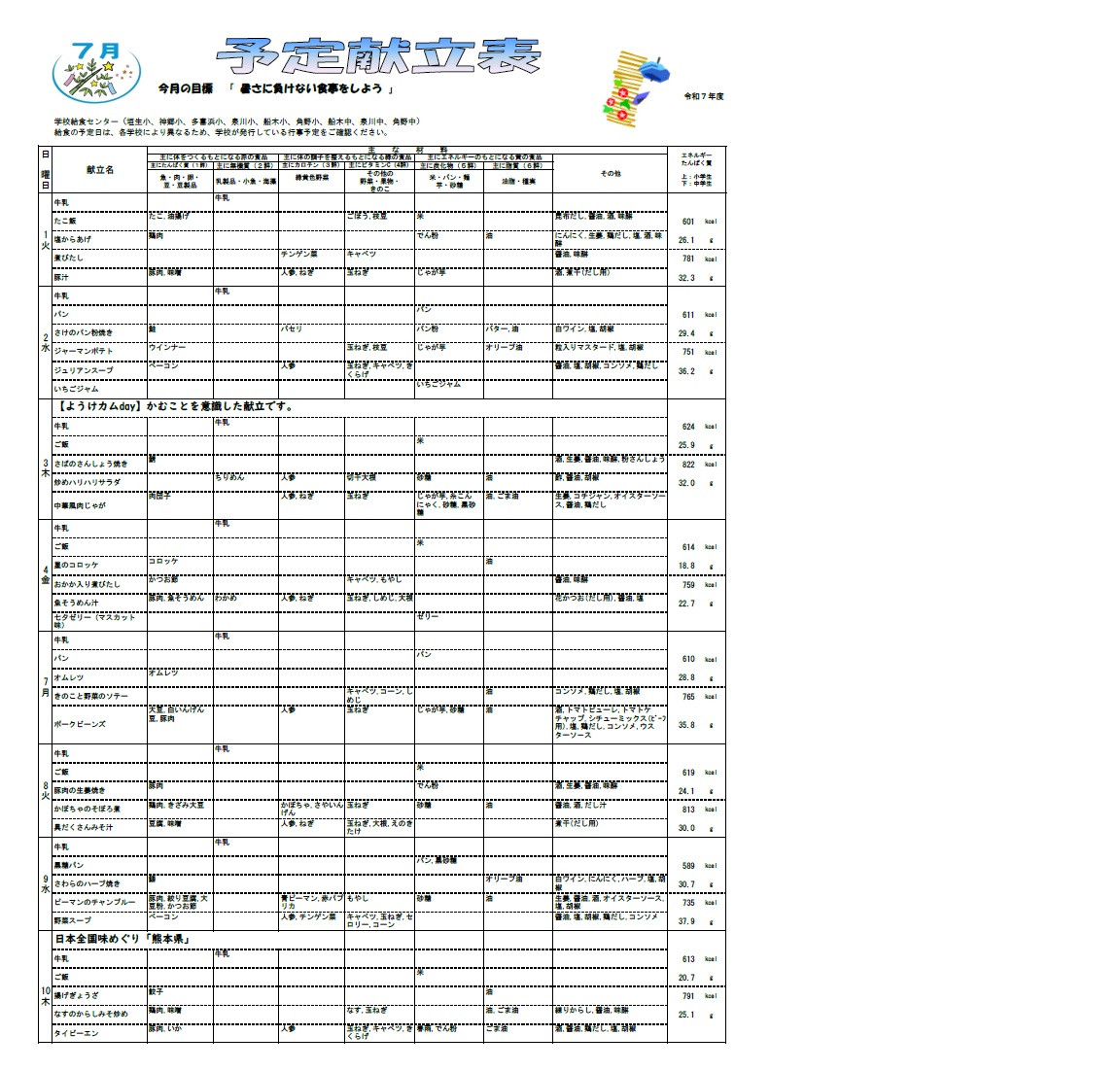 7月　献立　1枚目